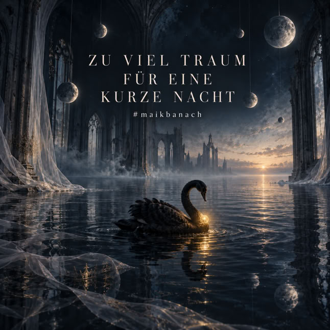 Ein schwarzer Schwan schwimmt auf einem ruhigen Gew&auml;sser in einer mystischen, gotischen Umgebung mit B&ouml;gen und schwebenden Planeten. Im Hintergrund ist ein Sonnenuntergang zu sehen. Text: "Zu viel Traum f&uuml;r eine kurze Nacht".