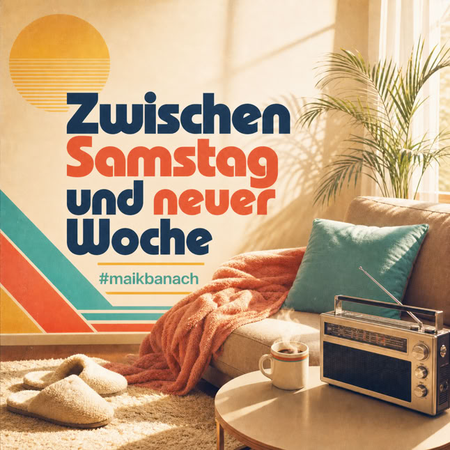 Ein Wohnzimmer mit einem Sofa, Kissen, einem Tisch mit Radio, Pflanzen und einem Teppich. Text: "Zwischen Samstag und neuer Woche".