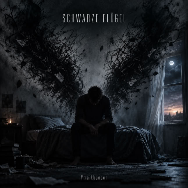 Ein Mann sitzt auf einem Bett in einem dunklen Raum, umgeben von schwarzen, fl&uuml;gelartigen Formen an der Wand. Ein Fenster zeigt einen Vollmond und eine n&auml;chtliche Landschaft.