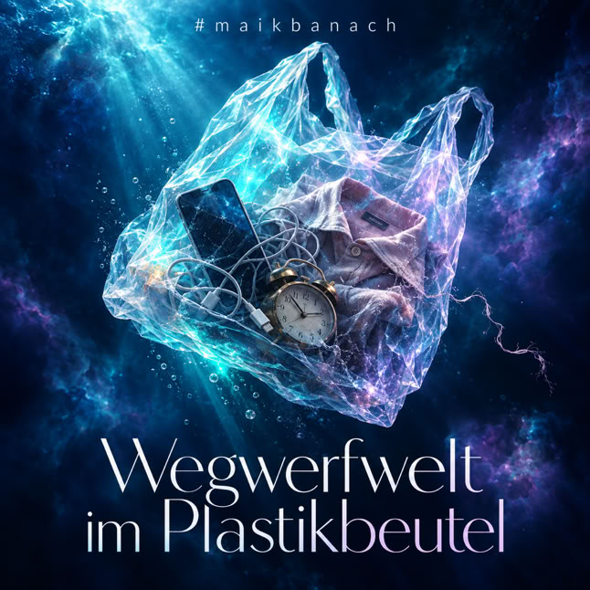 Ein Plastikbeutel im Weltraum enth&auml;lt eine Uhr, eine Brille und andere Gegenst&auml;nde, mit dem Text "Wegwerfwelt im Plastikbeutel" darunter.
