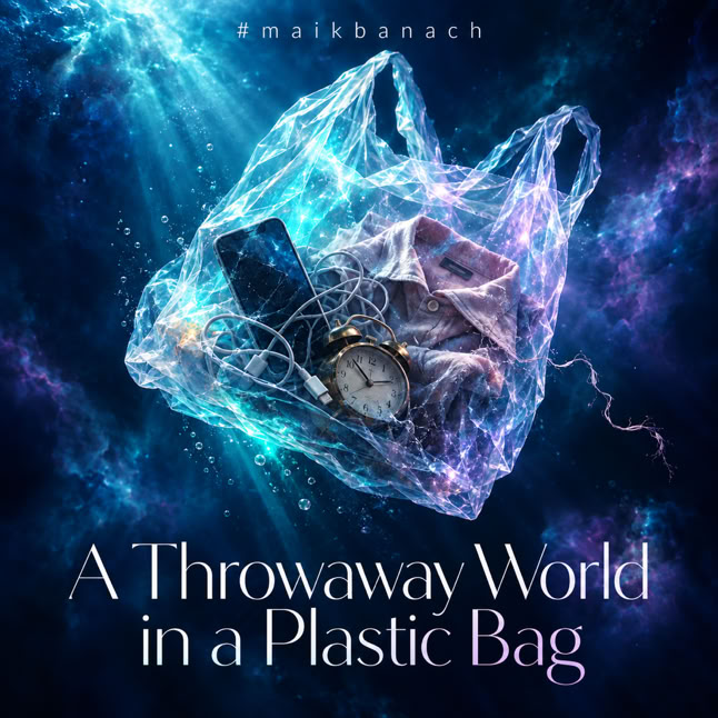 Plastikt&uuml;te im Weltraum mit einer Uhr und anderen Gegenst&auml;nden darin, umgeben von leuchtenden Farben und dem Text "A Throwaway World in a Plastic Bag".