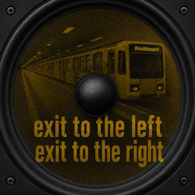 Lautsprecher mit Bild eines Zuges im Hintergrund und Text "exit to the left exit to the right".