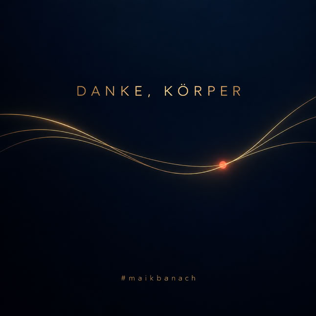 Dunkler Hintergrund mit geschwungenen goldenen Linien und dem Text "DANKE, K&Ouml;RPER" in der Mitte. Unten steht "#mehrbanach".