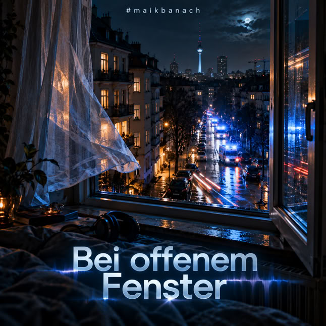 Blick aus einem offenen Fenster auf eine n&auml;chtliche Stadtlandschaft mit beleuchteten Stra&szlig;en und einem Turm im Hintergrund, im Vordergrund ein Bett mit Kopfh&ouml;rern und Text "Bei offenem Fenster".