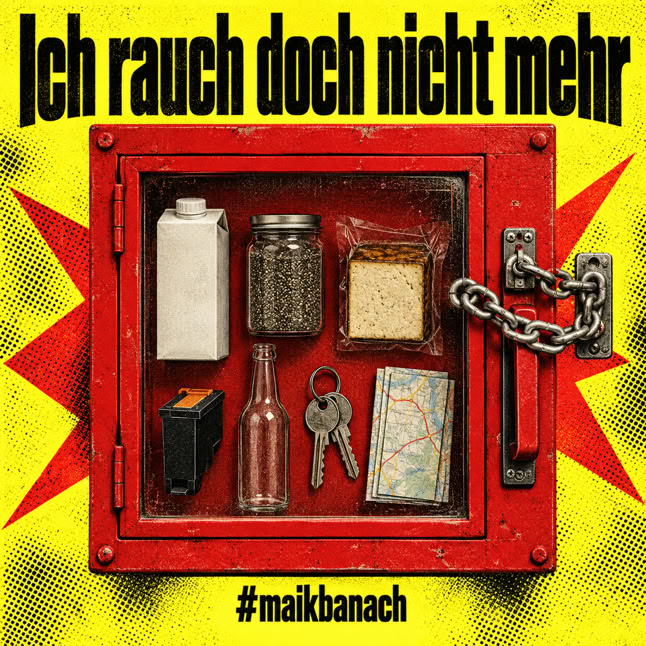 Ein roter Kasten mit verschiedenen Gegenst&auml;nden darin, darunter eine Flasche, ein Glasbeh&auml;lter, Schl&uuml;ssel und eine Karte. Oben steht der Text "Ich rauch doch nicht mehr" und unten "#maikbanach".