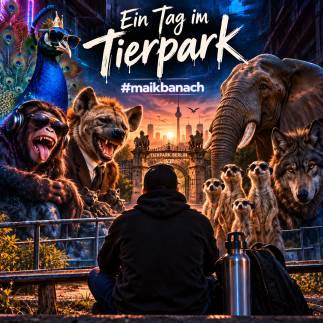 Eine Person sitzt auf einer Bank im Zoo, umgeben von einem Pfau, einem Schimpansen, einer Hy&auml;ne, einem Elefanten, Erdm&auml;nnchen und einem Wolf.