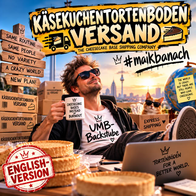 Ein Mann mit Sonnenbrille sitzt entspannt vor einem Laptop, h&auml;lt eine Tasse und ist umgeben von Kartons und K&auml;sekuchenb&ouml;den. Im Hintergrund sind ein Fahrrad und eine Stadtansicht zu sehen. Oben steht der Text "K&auml;sekuchentortenboden Versand".
